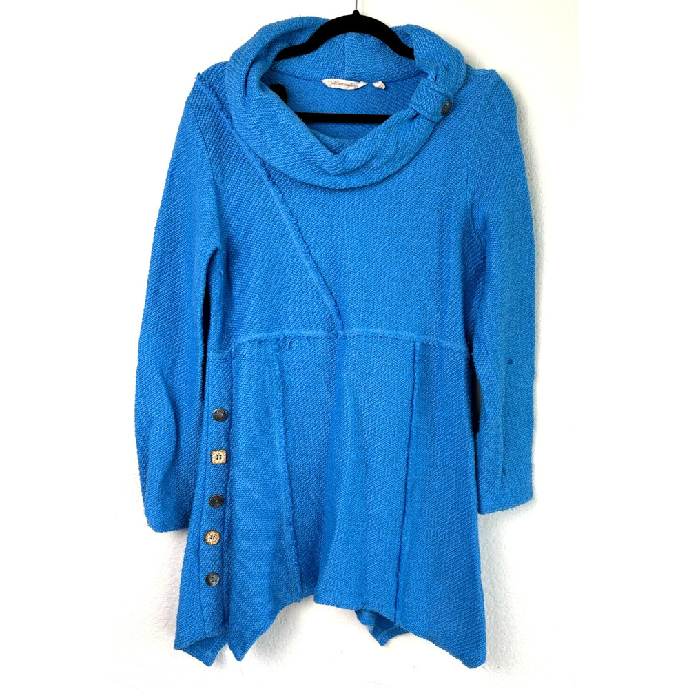 Soft Surroundings Sweater Tunic Top Sz MediumCowl Neck Buttons Blue Cottagecore